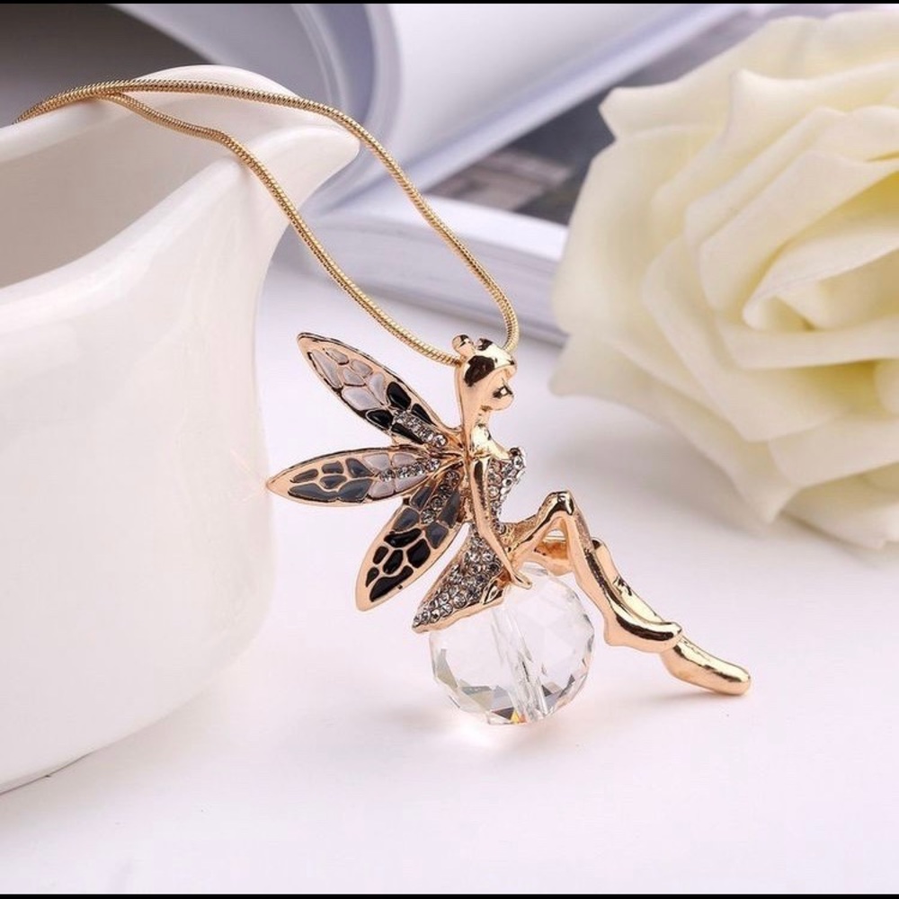 Crystal Angel Wings Long Gold Chain